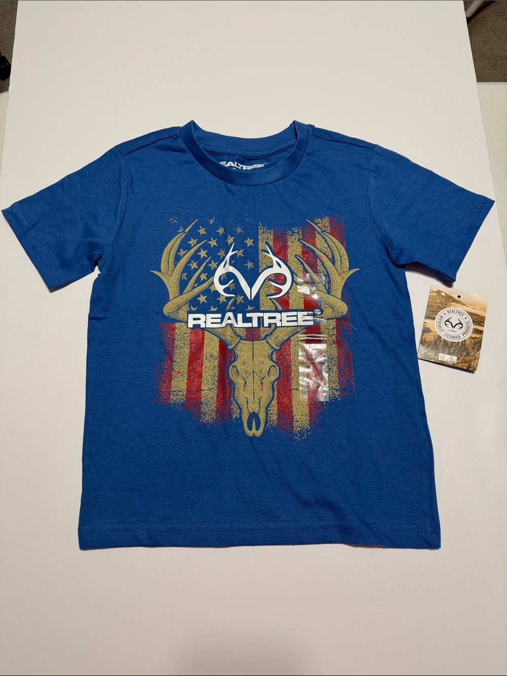 Realtree Blue Tee with American Flag and Deer Skull Graphic